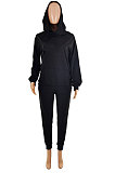 Navy Blue Casual Long Sleeve Oblique Neck Hoodie Jogger Pants Sports Sets S66318-1