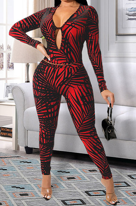 Red Euramerican Women Autumn Sexy Trendy Leaves Printing Hollow Out Pants Sets SH7289-1