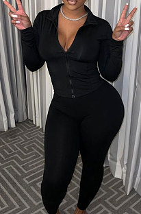 Black Cotton Blend Zipper Long Sleeve Pencil Pants Slim Fitting Sets QSS51052-2