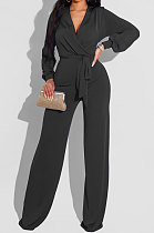 Black High Quality Women's Puff Sleeve V Collat Collect Waist Solid Color Jumpsuits SMR10749-1
