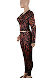 Brown Euramerican Women Autumn Sexy Trendy Leaves Printing Hollow Out Pants Sets SH7289-2
