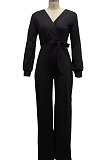 Blue High Quality Women's Puff Sleeve V Collat Collect Waist Solid Color Jumpsuits SMR10749-2