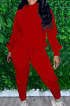Red Casual Long Sleeve Oblique Neck Hoodie Jogger Pants Sports Sets S66318-3