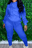 Navy Blue Casual Long Sleeve Oblique Neck Hoodie Jogger Pants Sports Sets S66318-1
