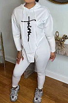 White Women Euramerican Autumn Fahion Printing Hoodie Top Irregular Sport Pants Sets AJK9024-1