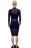 Black Euramerican Club Lady Mesh Spaghetti Tank Shorts Round Collar Pullover Ruffle Mini Dress Three Pieces WMZ2482-1