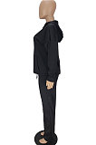 Black Women Individuality Loose Bandage Long Hoodie Solid Color Pants Sets QMQ7068-1