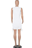 White Women Round Collar Bodycon Drawsting Sleeveless Ruffle Knit Fashion Mini Dress WMZ2678-3