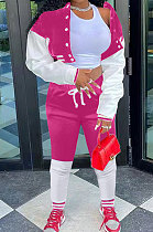 Rose Red Modest New Spliced Long Sleeve Cardigan Coat Trousers Sports Sets ARM8313-1