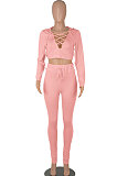 Wine Red Women Autumn Winter Fashion Pure Color Long Sleeve Bandage Hollow Out Sexy Pants Sets WMZ2672-3