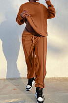 Coffee Women Individuality Loose Bandage Long Hoodie Solid Color Pants Sets QMQ7068-3
