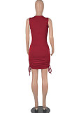 White Women Round Collar Bodycon Drawsting Sleeveless Ruffle Knit Fashion Mini Dress WMZ2678-3