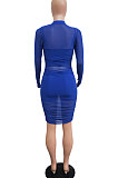 Royal Blue Euramerican Club Lady Mesh Spaghetti Tank Shorts Round Collar Pullover Ruffle Mini Dress Three Pieces WMZ2482-5
