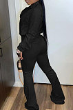 Orange Simple New Long Sleeve Zip Front Tops Flare Pants Plain Color Sets HG1511-1