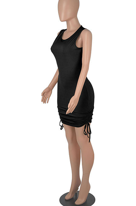 White Women Round Collar Bodycon Drawsting Sleeveless Ruffle Knit Fashion Mini Dress WMZ2678-3