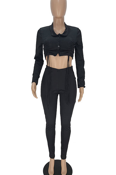 Black Women Pure Color Bandage Crop Long Sleeve Long Panst Sets QMQ7067-1