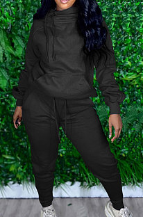 Black Casual Long Sleeve Oblique Neck Hoodie Jogger Pants Sports Sets S66318-4