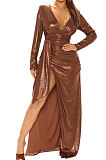 Green High Quality Hot Stamping Long Sleeve Deep V Neck High Slit Elegant Dress SMR10747-1