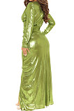 Green High Quality Hot Stamping Long Sleeve Deep V Neck High Slit Elegant Dress SMR10747-1