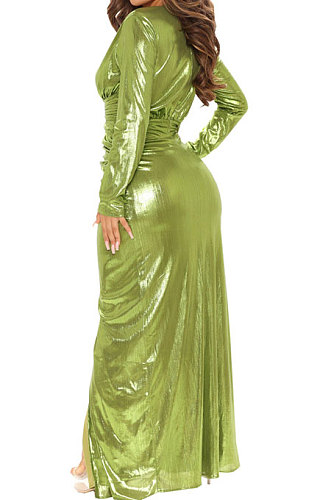 Green High Quality Hot Stamping Long Sleeve Deep V Neck High Slit Elegant Dress SMR10747-1