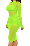 Black Euramerican Club Lady Mesh Spaghetti Tank Shorts Round Collar Pullover Ruffle Mini Dress Three Pieces WMZ2482-1
