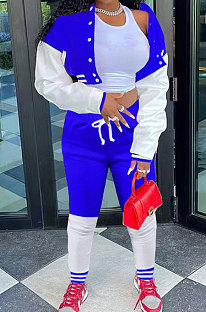 Blue Modest New Spliced Long Sleeve Cardigan Coat Trousers Sports Sets ARM8313-6