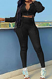 Coffee Women Pure Color Bandage Crop Long Sleeve Long Panst Sets QMQ7067-3