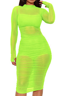 Neon Green Euramerican Club Lady Mesh Spaghetti Tank Shorts Round Collar Pullover Ruffle Mini Dress Three Pieces WMZ2482-7