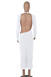 Black Women Solid Color Sexy Long Sleeve Backless Round Collar Pullover Elastic Waist Long Dress WMZ2675-1