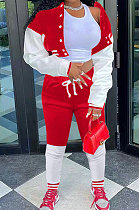 Red Modest New Spliced Long Sleeve Cardigan Coat Trousers Sports Sets ARM8313-3