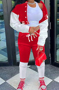 Red Modest New Spliced Long Sleeve Cardigan Coat Trousers Sports Sets ARM8313-3