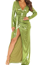 Green High Quality Hot Stamping Long Sleeve Deep V Neck High Slit Elegant Dress SMR10747-1