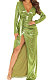 Green High Quality Hot Stamping Long Sleeve Deep V Neck High Slit Elegant Dress SMR10747-1