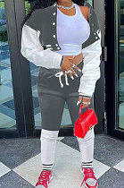 Grey Modest New Spliced Long Sleeve Cardigan Coat Trousers Sports Sets ARM8313-5