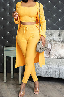 Yellow High Elastic Ribber Tank&Cardigan Coat Pencil Pants Three Piece ARM8312-1
