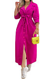 Orange Women Long Sleeve Solid Color Turn-Down Collar Casual Long Waistband T Shirt/Shirt Dress YZ7079 -1