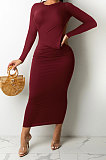 Army Green Women Solid Color Sexy Long Sleeve Backless Round Collar Pullover Elastic Waist Long Dress WMZ2675-4