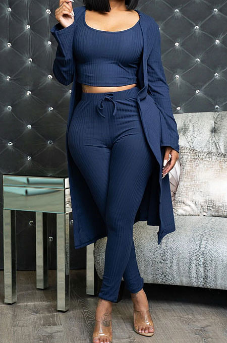 Dark Blue High Elastic Ribber Tank&Cardigan Coat Pencil Pants Three Piece ARM8312-5