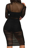 Black Euramerican Club Lady Mesh Spaghetti Tank Shorts Round Collar Pullover Ruffle Mini Dress Three Pieces WMZ2482-1