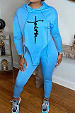 Blue Women Euramerican Autumn Fahion Printing Hoodie Top Irregular Sport Pants Sets AJK9024-2