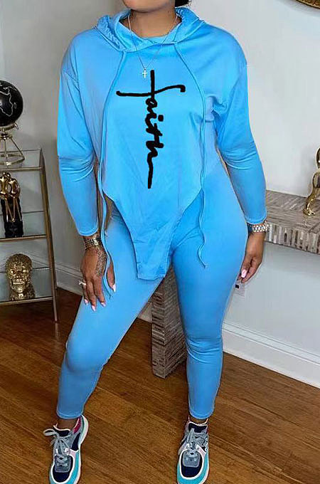 Blue Women Euramerican Autumn Fahion Printing Hoodie Top Irregular Sport Pants Sets AJK9024-2