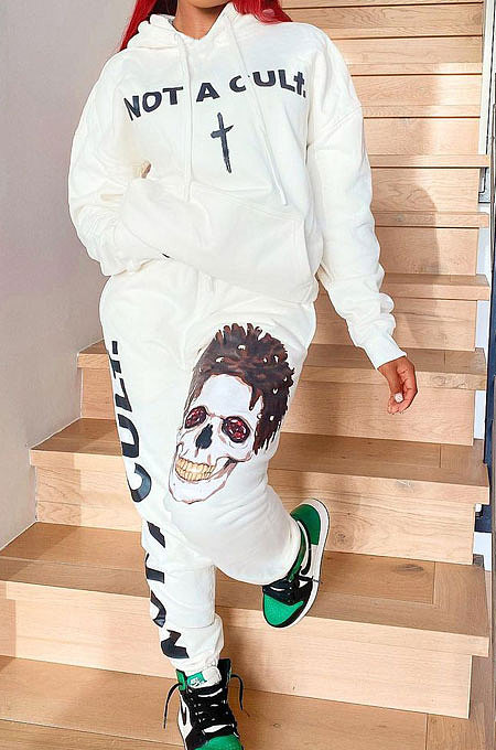 White Head Portrait Letter Printed Long Sleeve Hoodie Jogger Pants Sets JG062