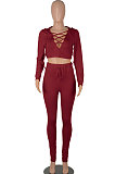Wine Red Women Autumn Winter Fashion Pure Color Long Sleeve Bandage Hollow Out Sexy Pants Sets WMZ2672-3
