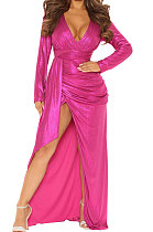 Rose Red High Quality Hot Stamping Long Sleeve Deep V Neck High Slit Elegant Dress SMR10747-3