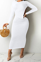 White Women Solid Color Sexy Long Sleeve Backless Round Collar Pullover Elastic Waist Long Dress WMZ2675-2