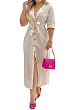 Orange Women Long Sleeve Solid Color Turn-Down Collar Casual Long Waistband T Shirt/Shirt Dress YZ7079 -1