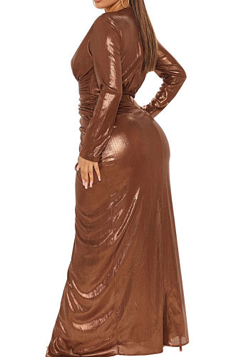 Brown High Quality Hot Stamping Long Sleeve Deep V Neck High Slit Elegant Dress SMR10747-2