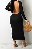 Army Green Women Solid Color Sexy Long Sleeve Backless Round Collar Pullover Elastic Waist Long Dress WMZ2675-4