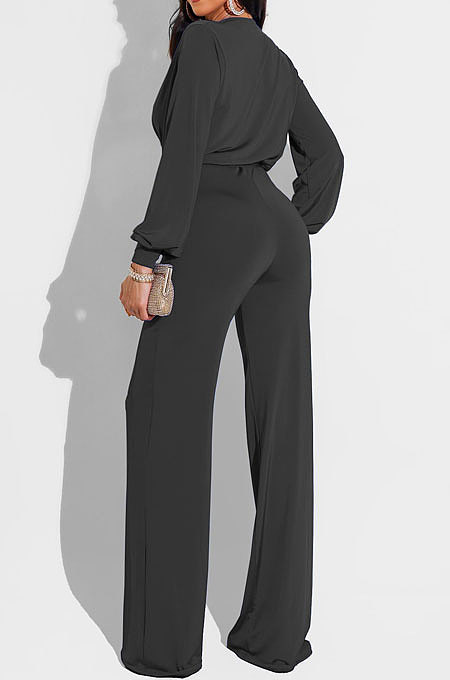 Purple High Quality Women's Puff Sleeve V Collat Collect Waist Solid Color Jumpsuits SMR10749-3