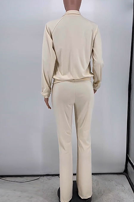 Black Simple New Long Sleeve Zip Front Tops Flare Pants Plain Color Sets HG1511-4